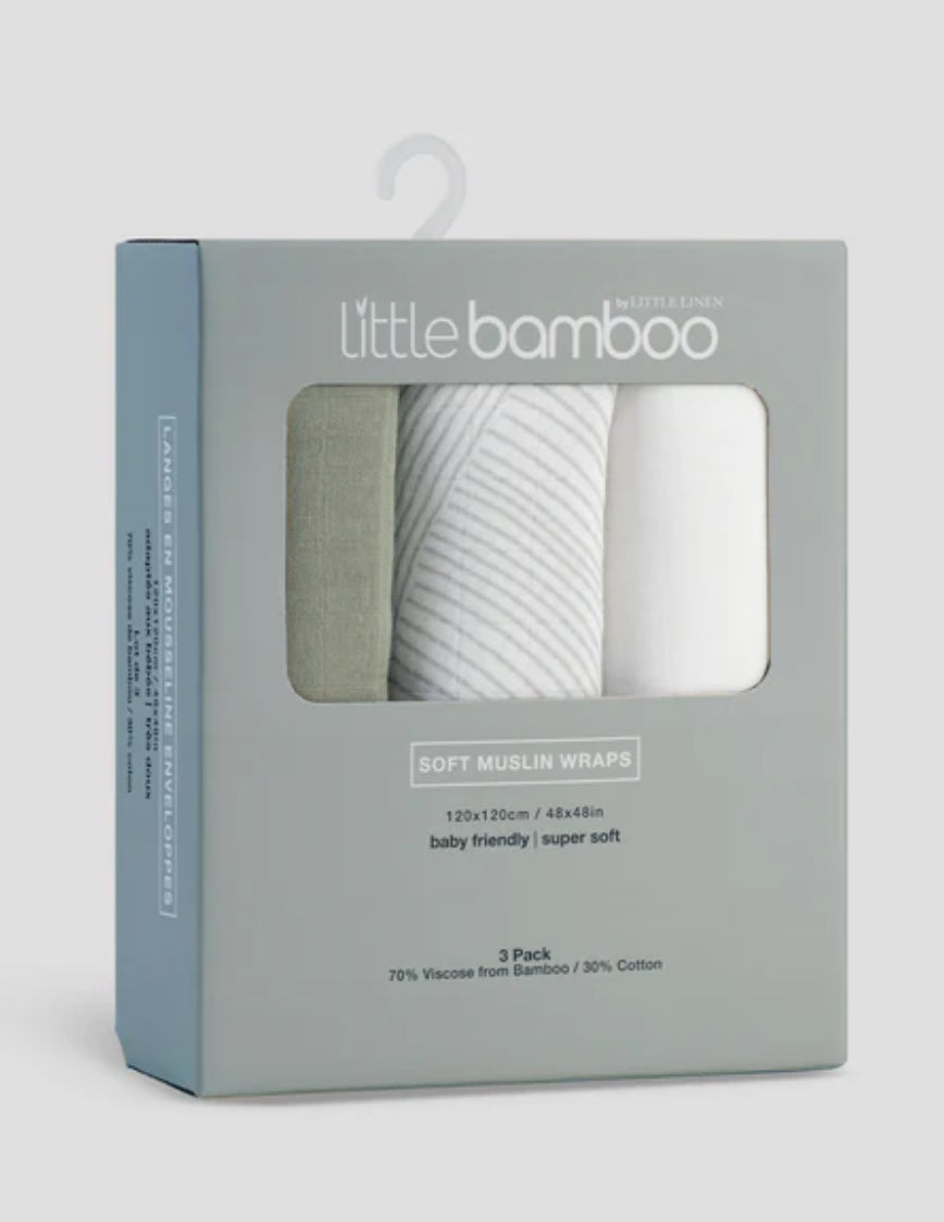 Little Bamboo Baby Muslin Wraps 3Pk - Bayleaf