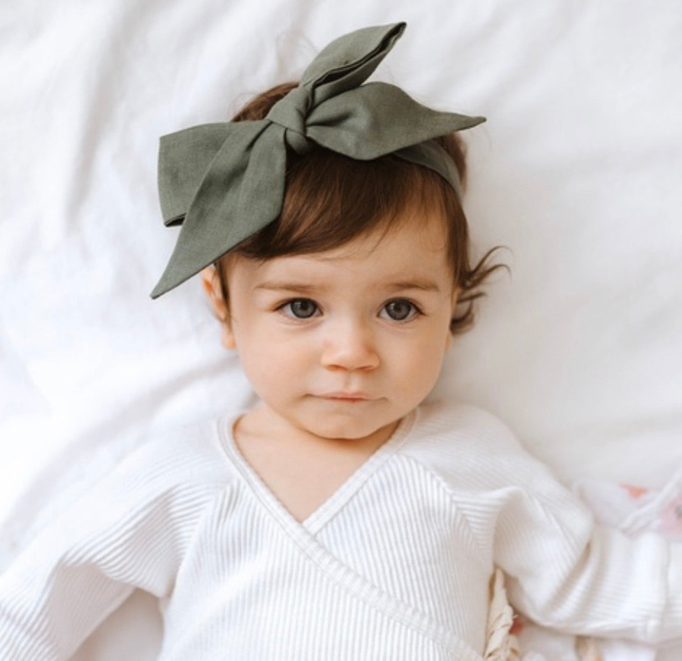 Dusty Olive Linen Bow Pre-Tied Headband Wrap