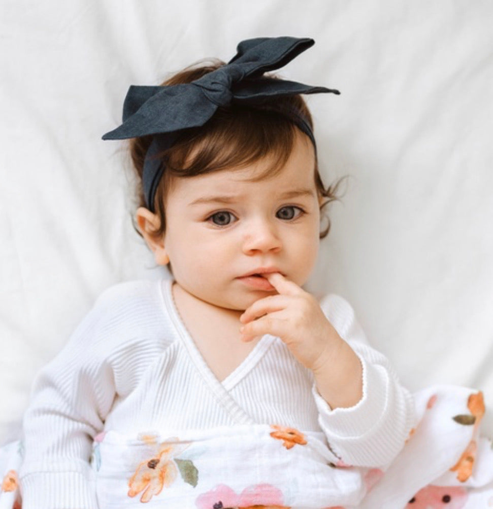Navy Linen Bow Pre-Tied Headband Wrap